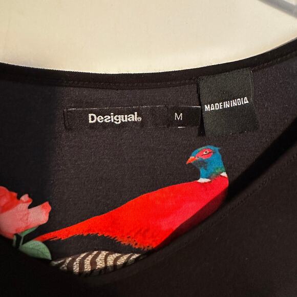 Desigual Eltsa Statement Sleeve Top Womens Medium Black Floral Birds Boho - Picture 7 of 10